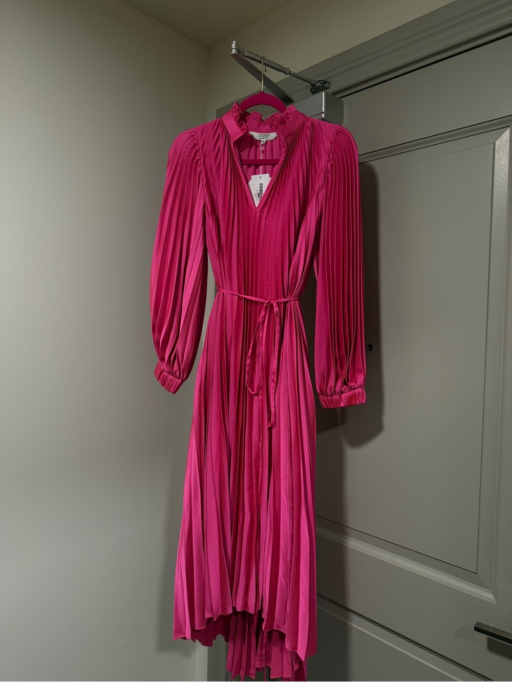 CROSBY by Mollie Burch Pleated Fuchsia Long Sleeve Midi Dress